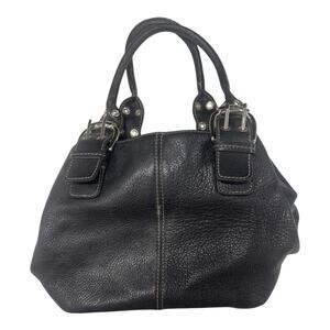 Tignanello Black Leather Purse Handbag Satchel Bucket Bag Buckle Double Handle